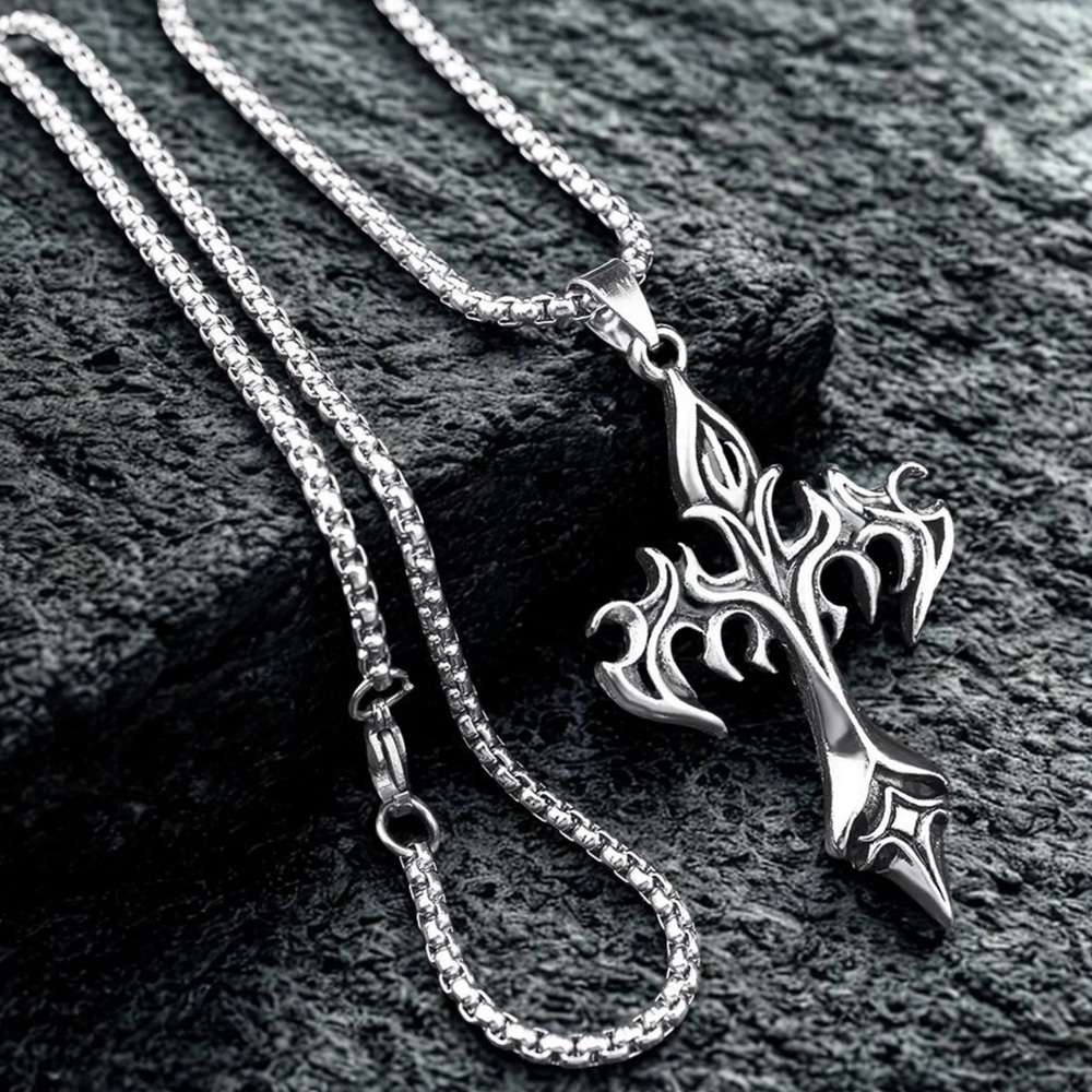 NEW Tribal Eternal Flame Goth Cross Pendant Necklace 24” w/Box